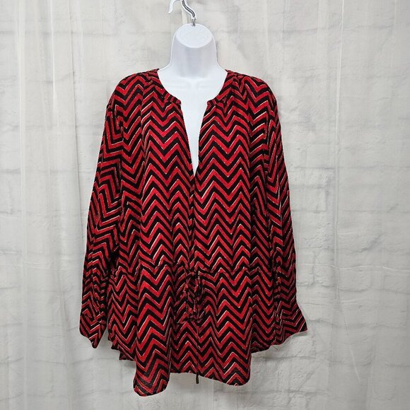 Lauren Ralph Lauren Red Black Chevron Gauzy Tribal Peasant Blouse 3X - Picture 13 of 13
